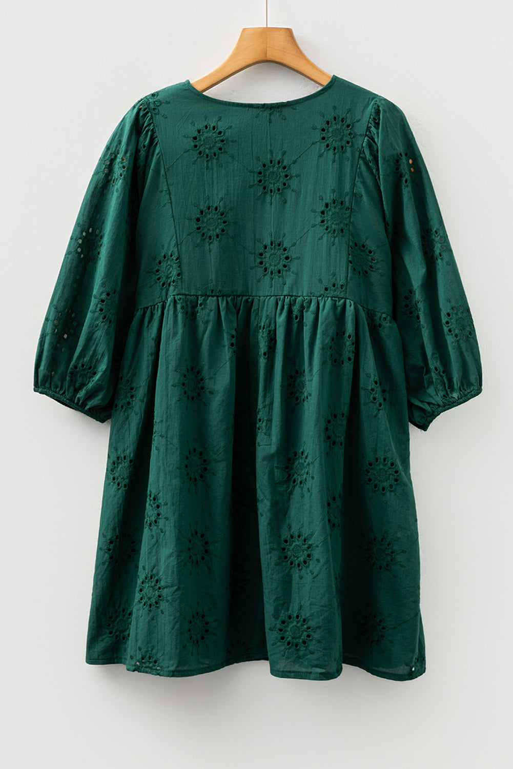 Blackish Green Eyelet Embroidered Swing Dress Puff Sleeve Dear-Lover Dropshipping